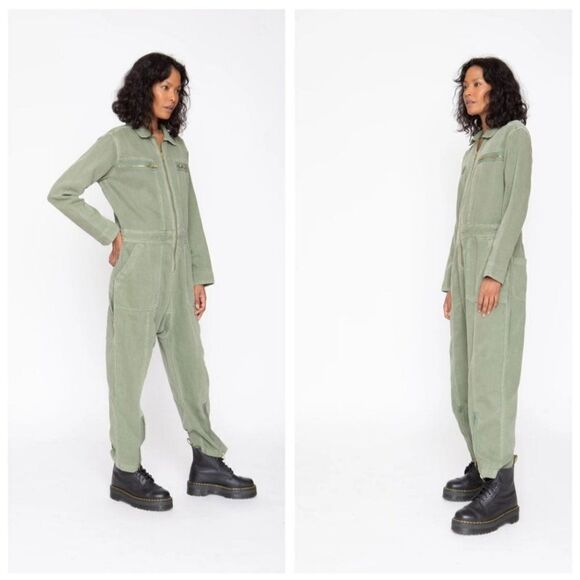 Free People x Sandrine Rose Zip Embroidered Denim Jumpsuit "California" in Army - Picture 8 of 8